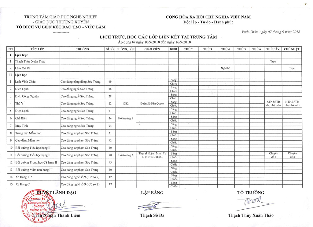 Thời khóa biểu Từ ngày 10/9/2018 đến 16/9/2018