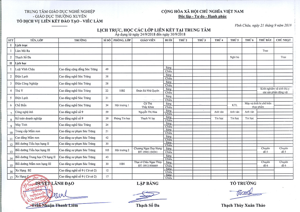 Thời khóa biểu Từ ngày 24-9-2018 đến 30-9-2018