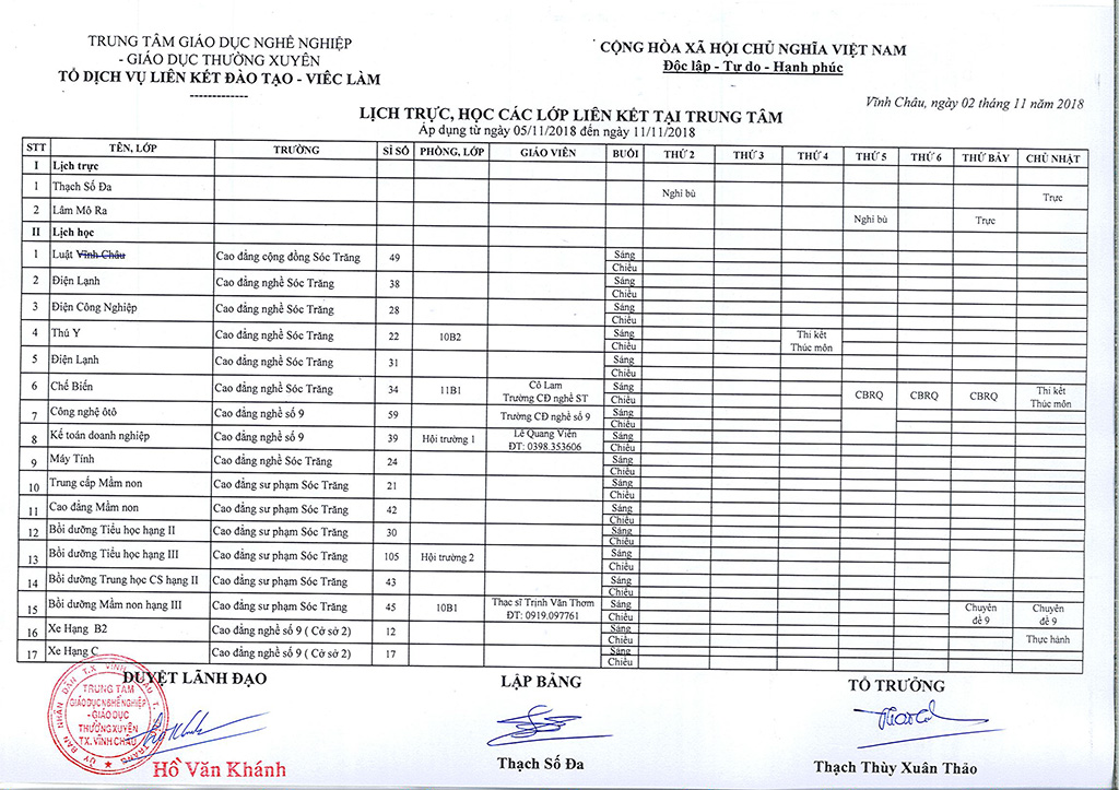 Thời khóa biểu Từ ngày 05/11/2018 đến 09/11/2018