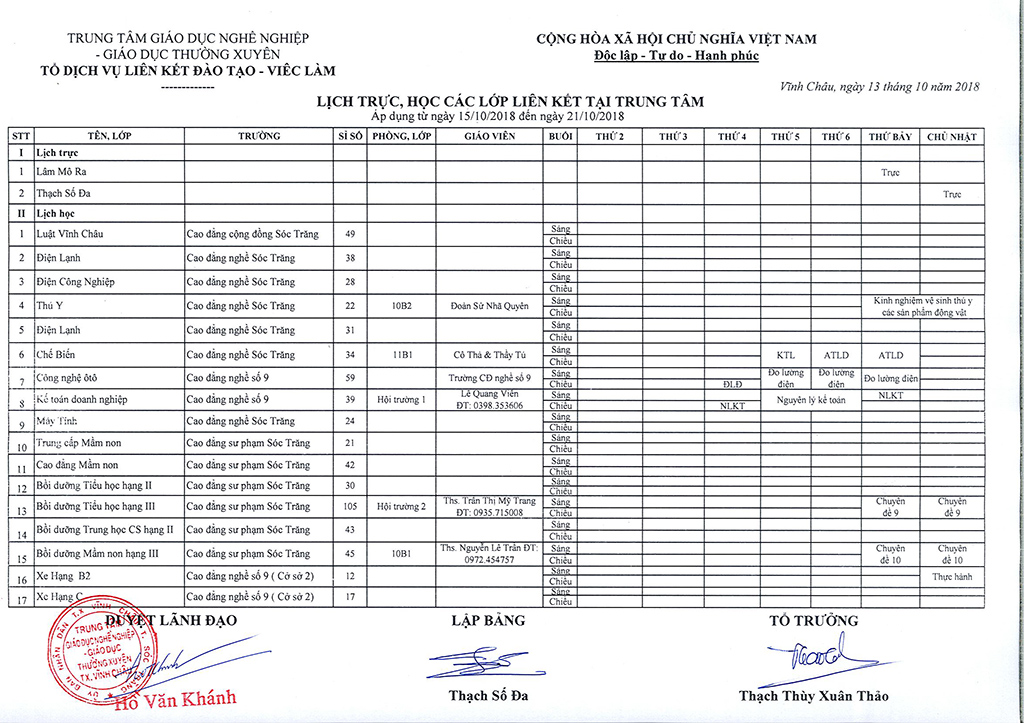Thời khóa biểu Từ ngày 15/10/2018 đến 21/10/2018