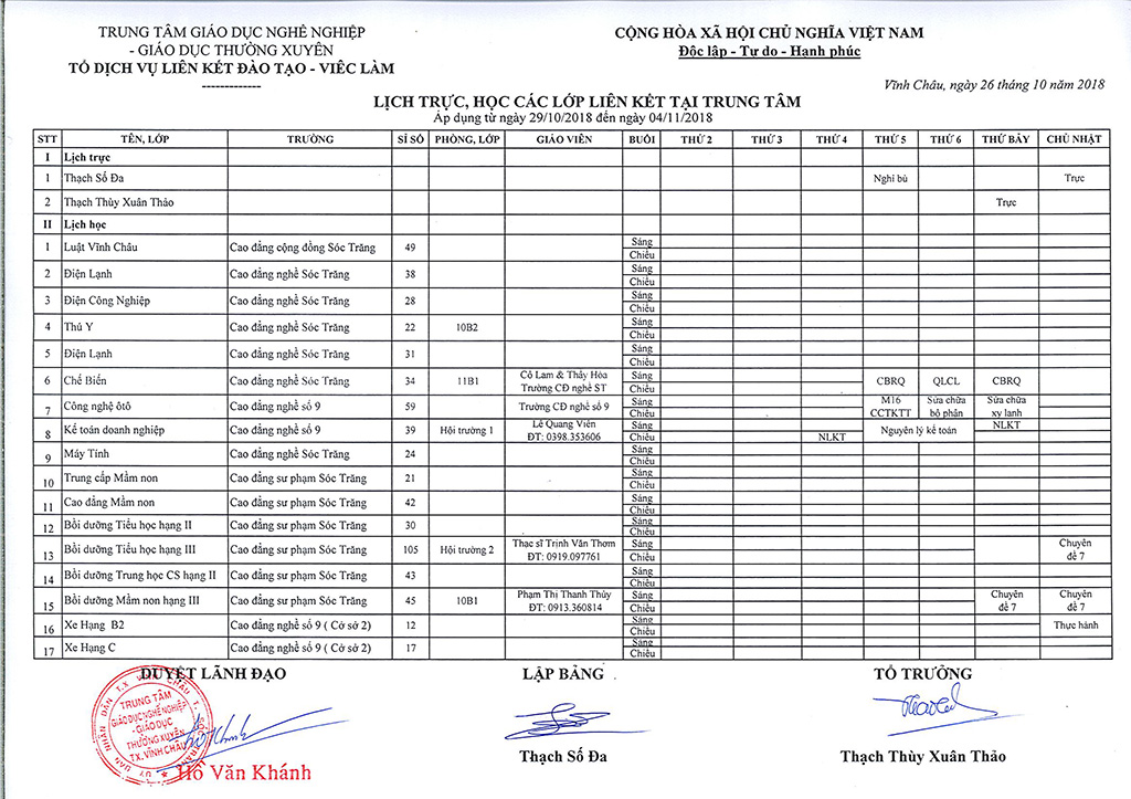 Thời khóa biểu Từ ngày 29/10/2018 đến 04/11/2018