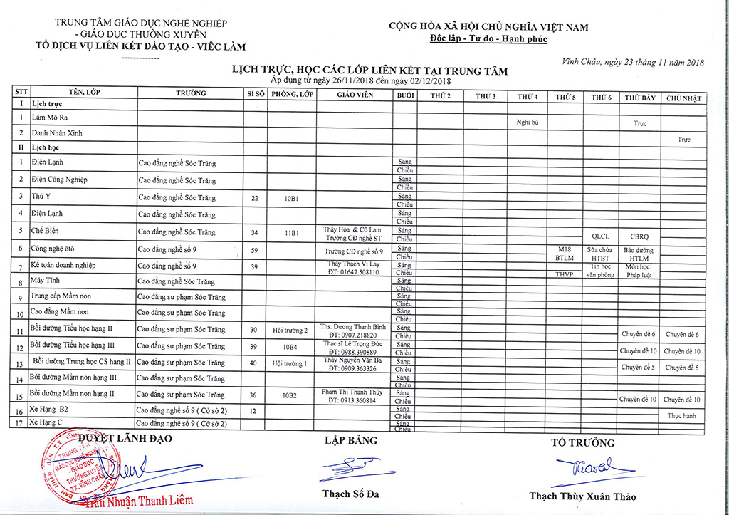 Thời khóa biểu Từ ngày 26/11/2018 đến 02/12/2018