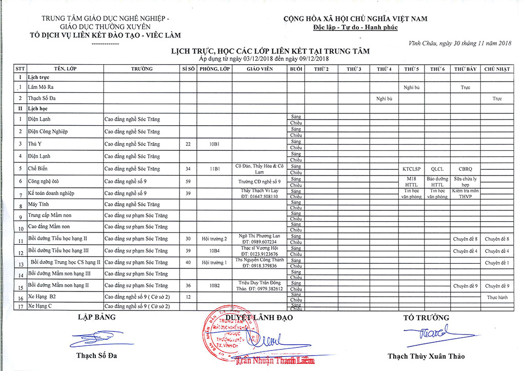 Thời khóa biểu Từ ngày 03/12/2018 đến 09/12/2018
