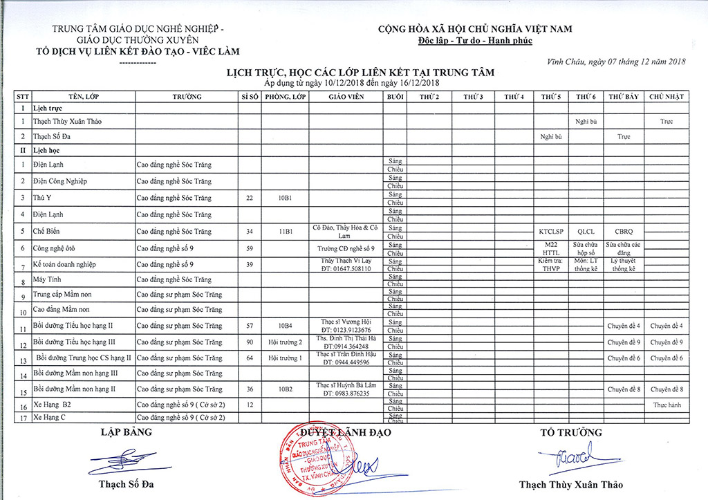 Thời khóa biểu Từ ngày 10/12/2018 đến 16/12/2018