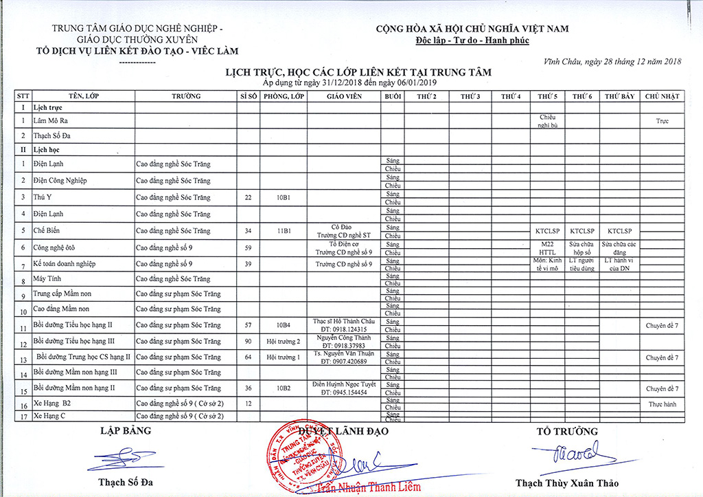 Thời khóa biểu Từ ngày 31/12/2018 đến 06/01/2019