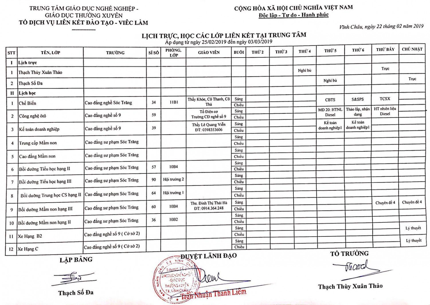 Thời khóa biểu Từ ngày 25/02/2019 đến 03/03/2019