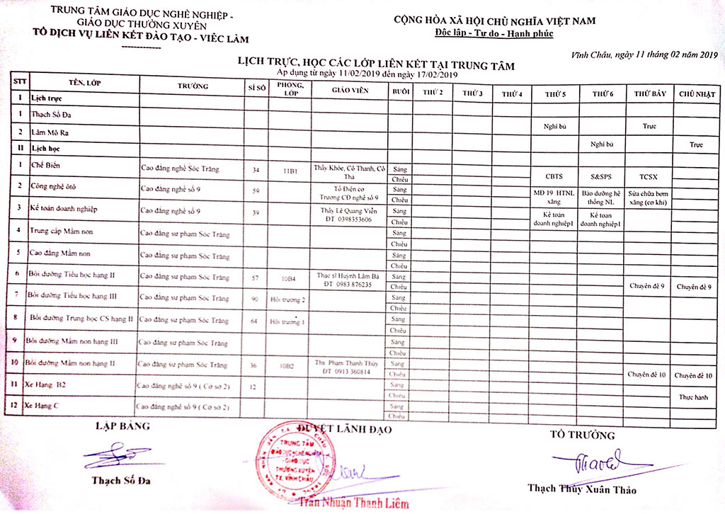 Thời khóa biểu Từ ngày 11/02/2019 đến 17/02/2019