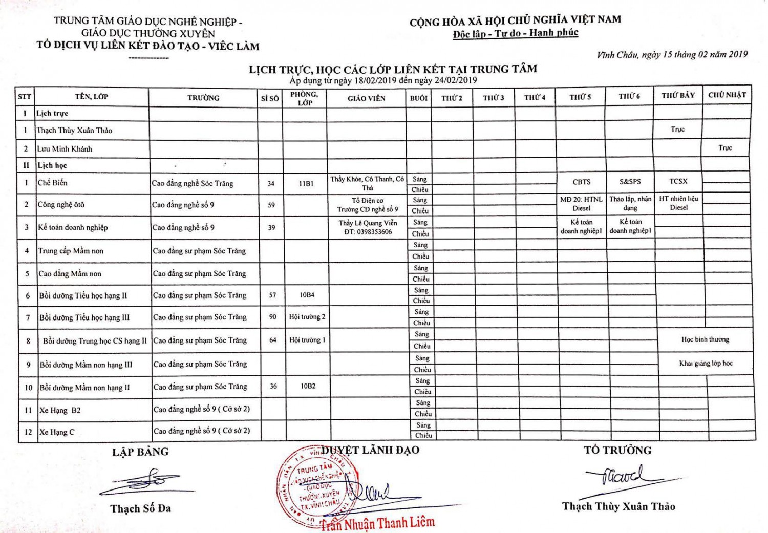 Thời khóa biểu Từ ngày 18/02/2019 đến 18/02/2019