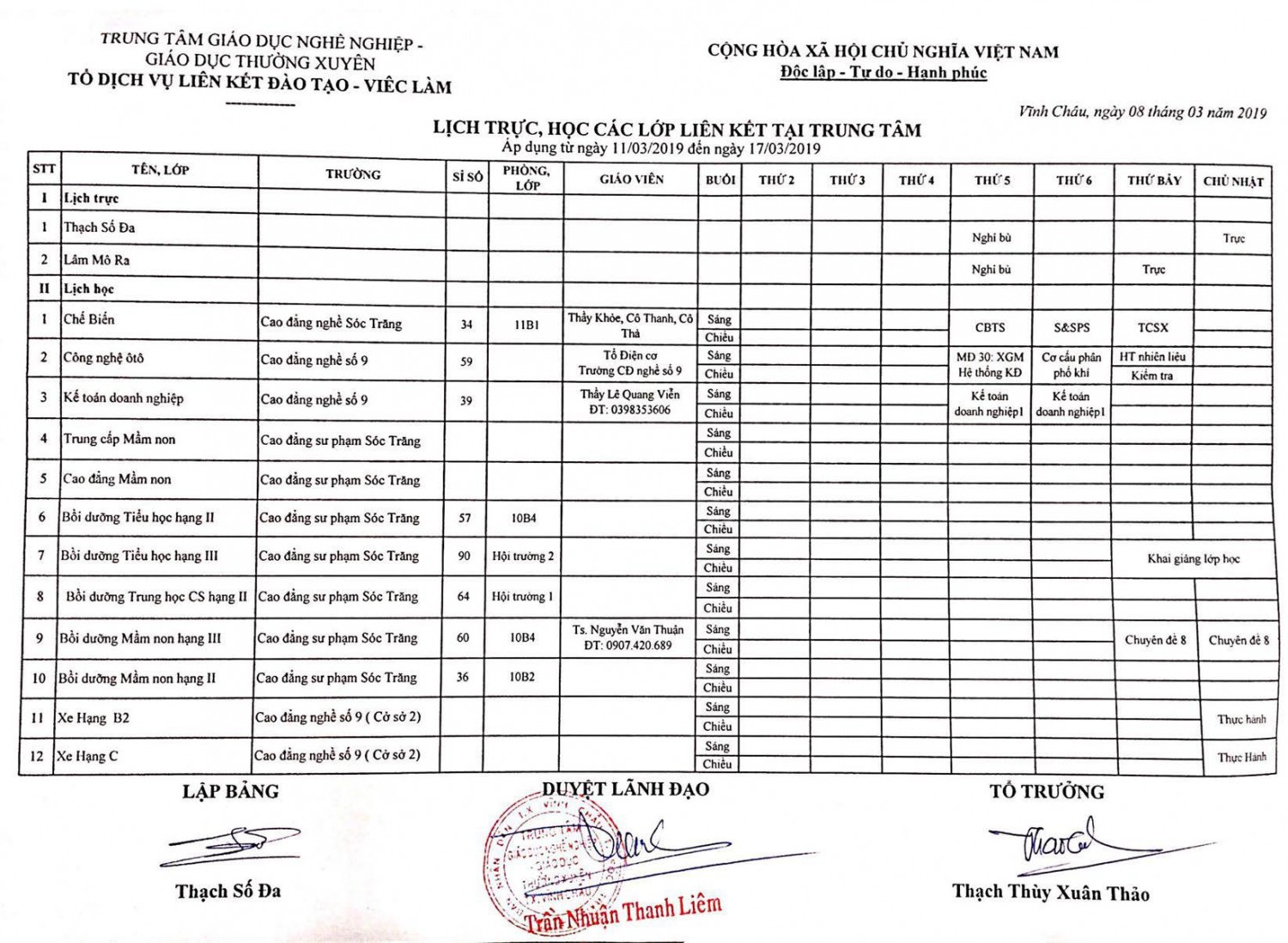 Thời khóa biểu Từ ngày 11/03/2019 đến 17/03/2019