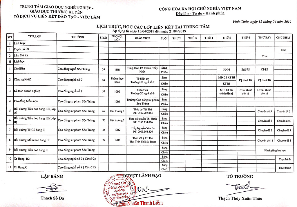 Thời khóa biểu Từ ngày 15/04/2019 đến 21/04/2019