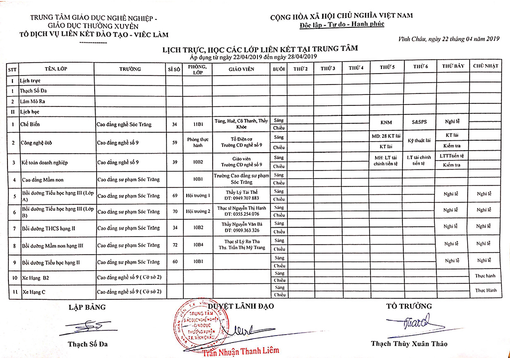 Thời khóa biểu Từ ngày 22/04/2019 đến 28/04/2019