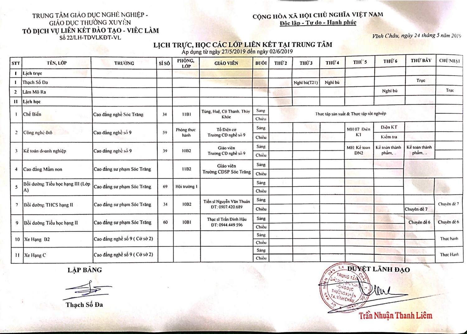 Thời khóa biểu Từ ngày 27/5/2019 đến 02/6/2019