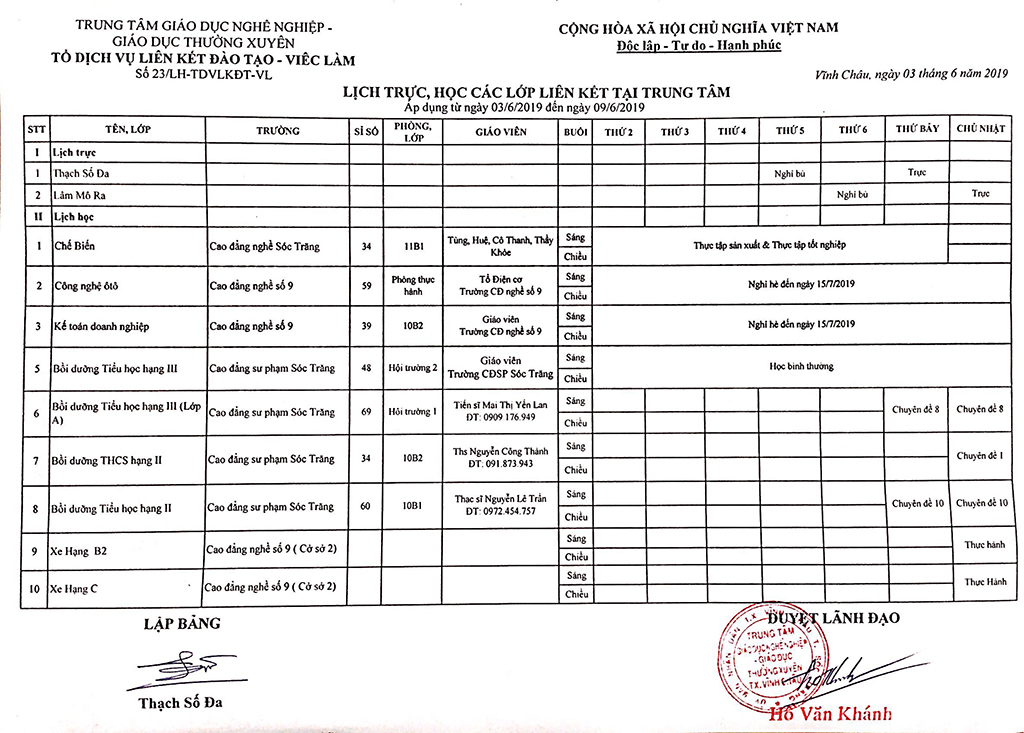 Thời khóa biểu Từ ngày 03/6/2019 đến 09/6/2019