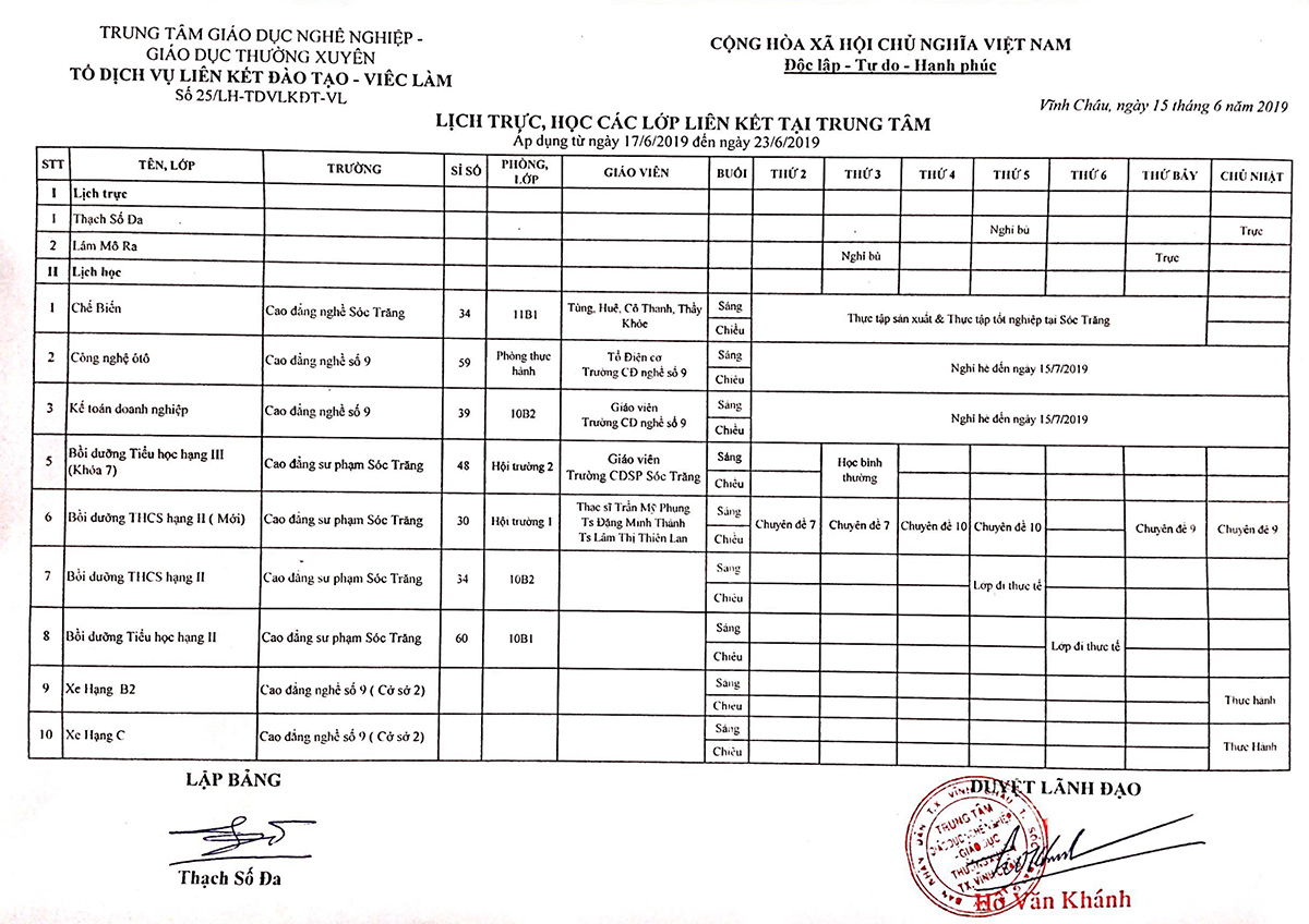 Thời khóa biểu Từ ngày 17/6/2019 đến 23/6/2019