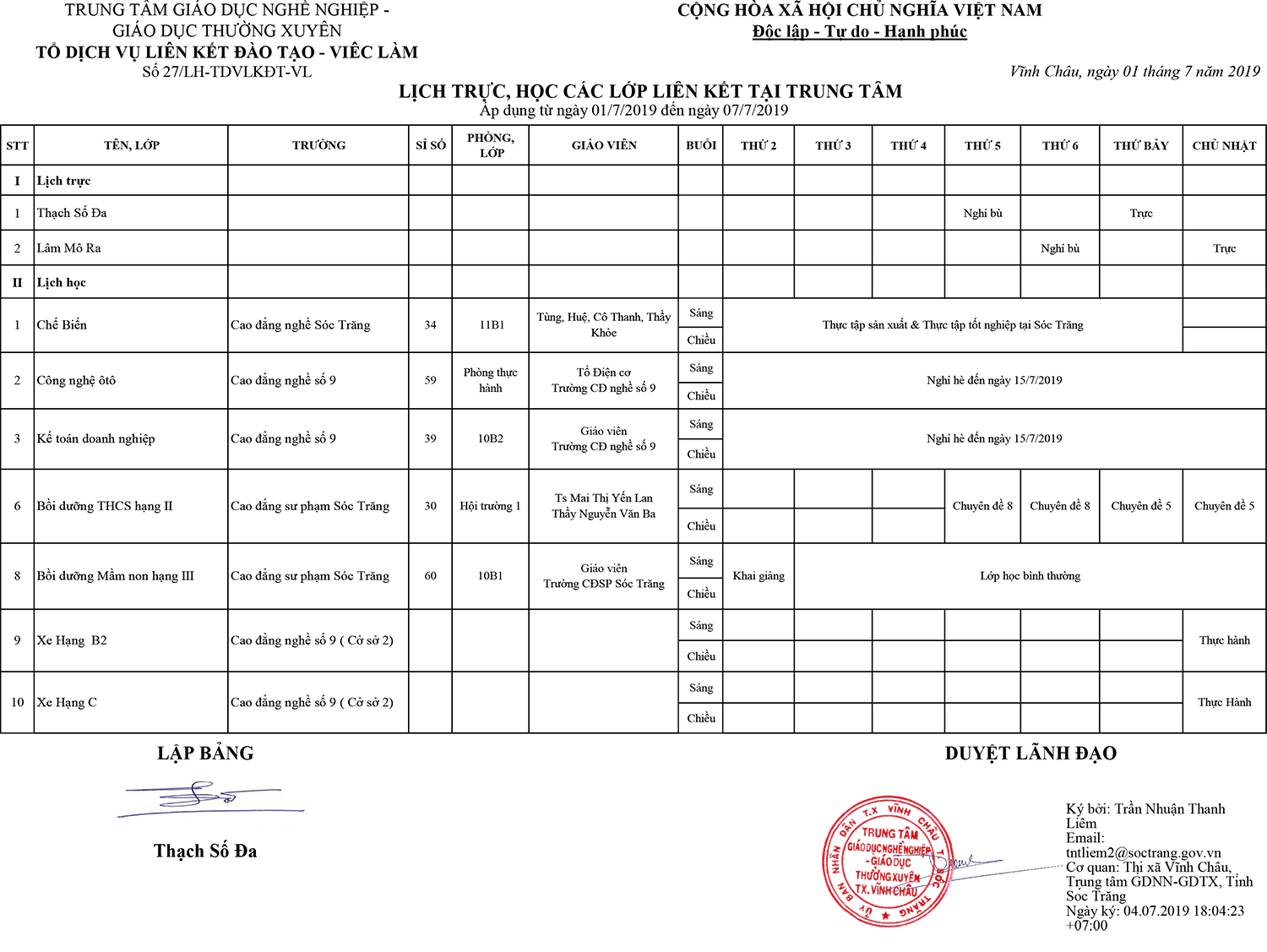 Lich hoc tuan 27 cua cac lop lien ket