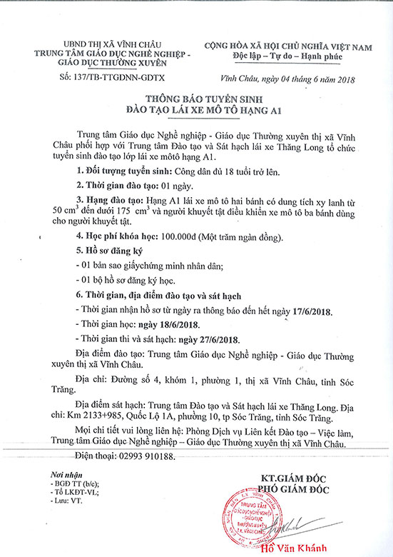 Thông báo tuyển sinh đào tạo lái xe mô tô hạng A1 Tháng 6-2018
