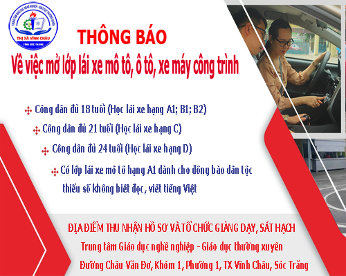 Thông báo về việc mở lớp lái xe mô tô, ô tô, xe máy công trình