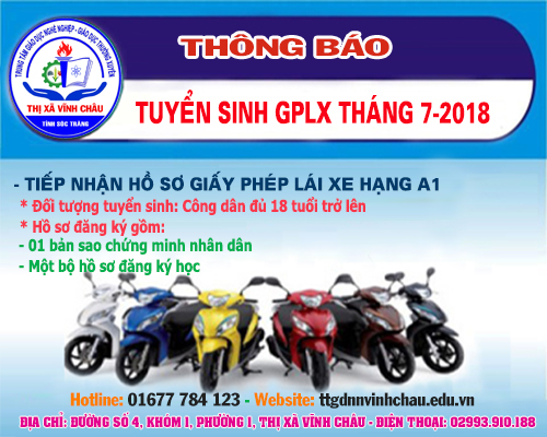 Thông báo tuyển sinh đào tạo lái xe mô tô hạng A1 Tháng 7-2018