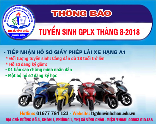 Thông báo tuyển sinh đào tạo lái xe mô tô hạng A1 Tháng 8-2018