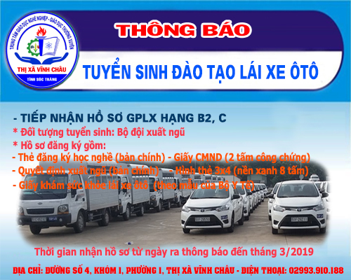 Thông báo tuyển sinh đào tạo lái xe ôtô hạng B2,C tháng 3/2019