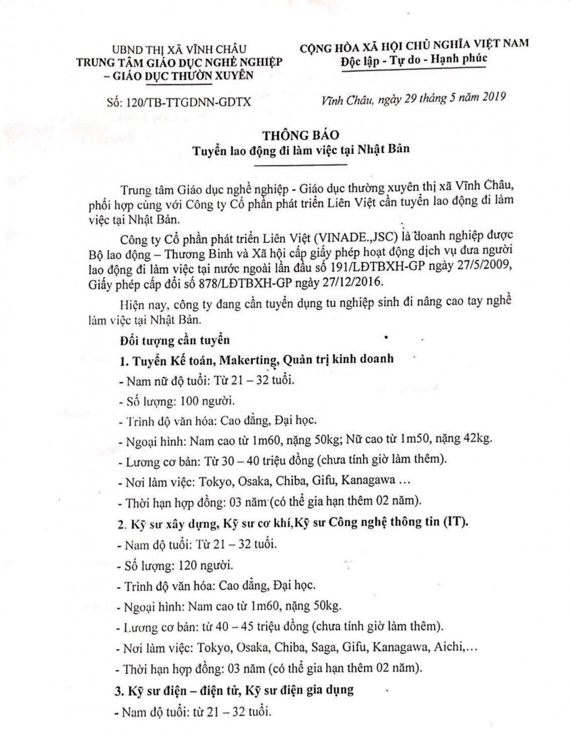 Thong bao tuyen sinh nhat ban 2019
