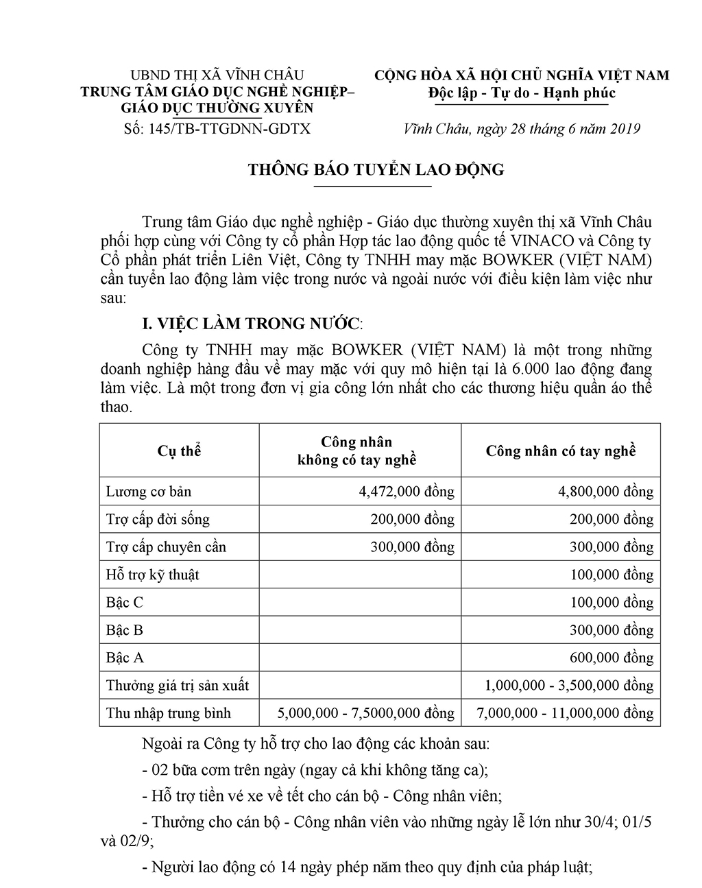 Thông báo tuyển lao động làm việc trong nước và nươc ngoài