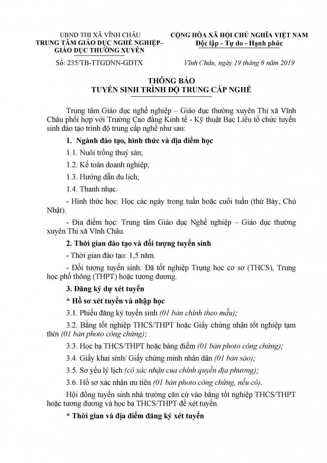 Thông báo tuyển sinh trình độ Trung cấp