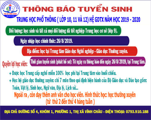 Thông báo về việc tuyển sinh các lớp trung học phổ thông hệ giáo dục thường xuyên và Trung cấp nghề năm học 2019-2020