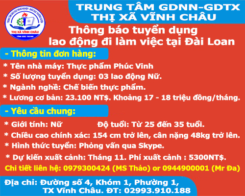 Thông báo tuyển dụng lao động ngành Chế biến thực phẩm làm việc tại Đài Loan