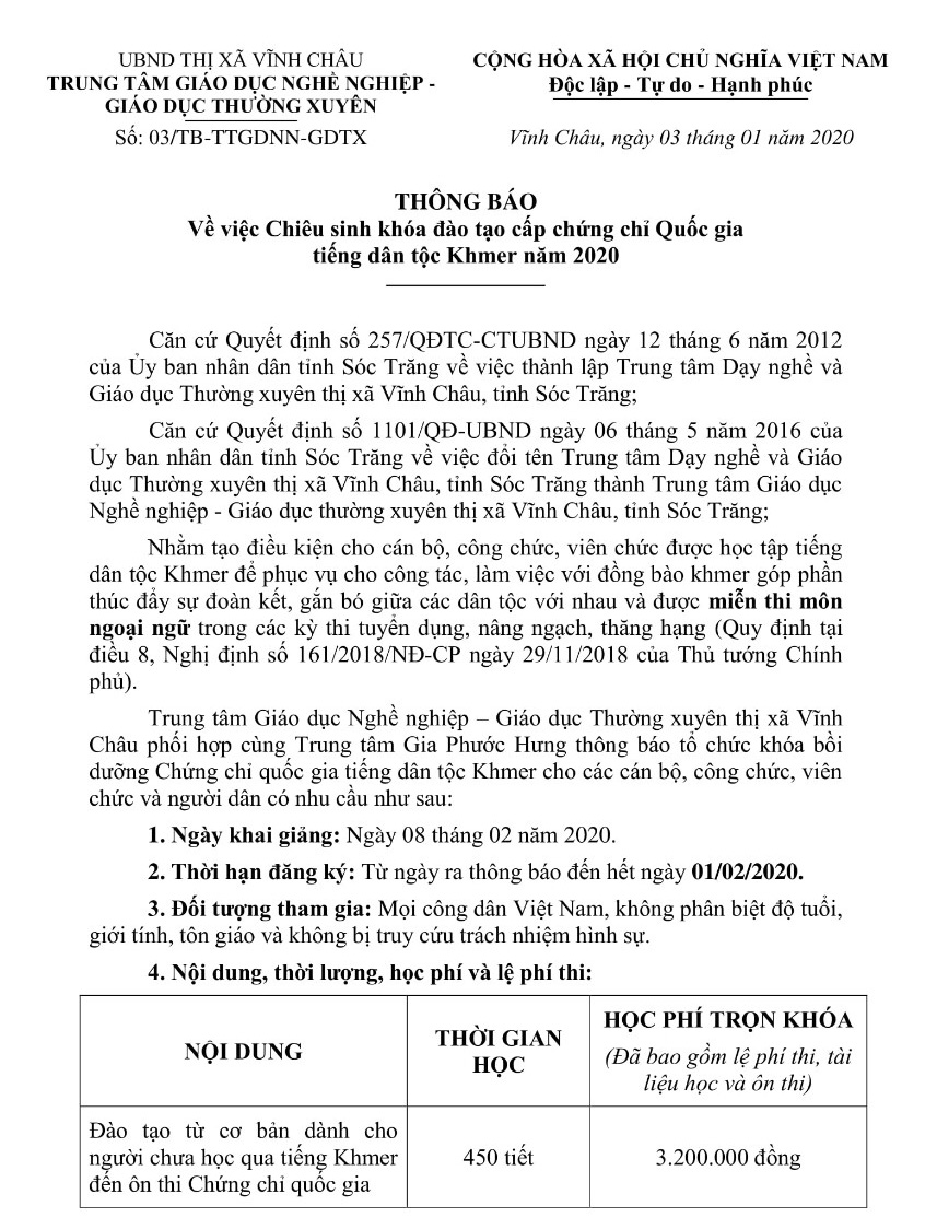 thong bao chieu sinh lop khmer