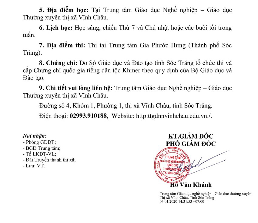 thong bao chieu sinh lop khmer
