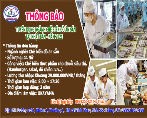 Thông báo tuyển dụng ngành chế biến đồ ăn sẵn tại Nhật Bản