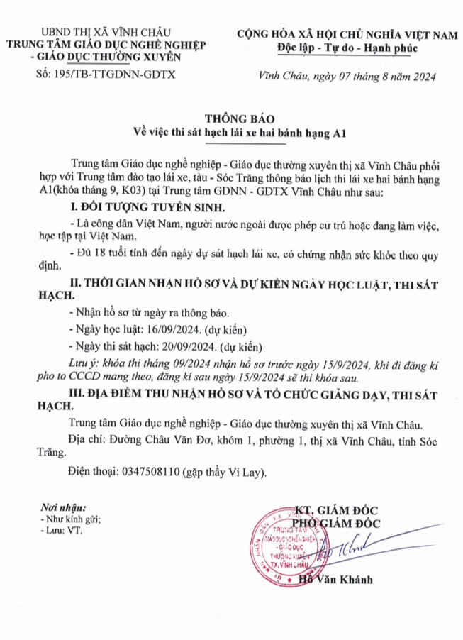 Thong bao lai xe hang A1